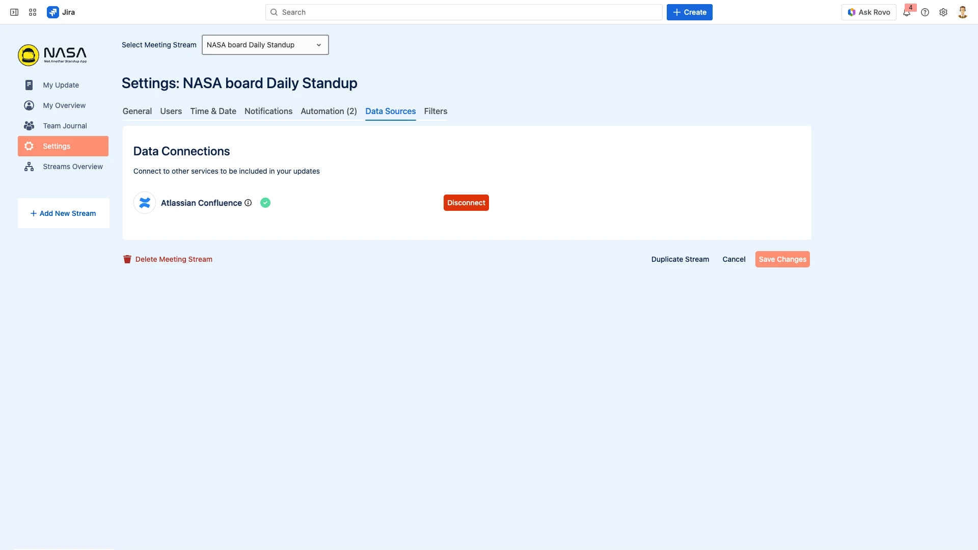 The Data Sources settings tab showing the Confluence connection status