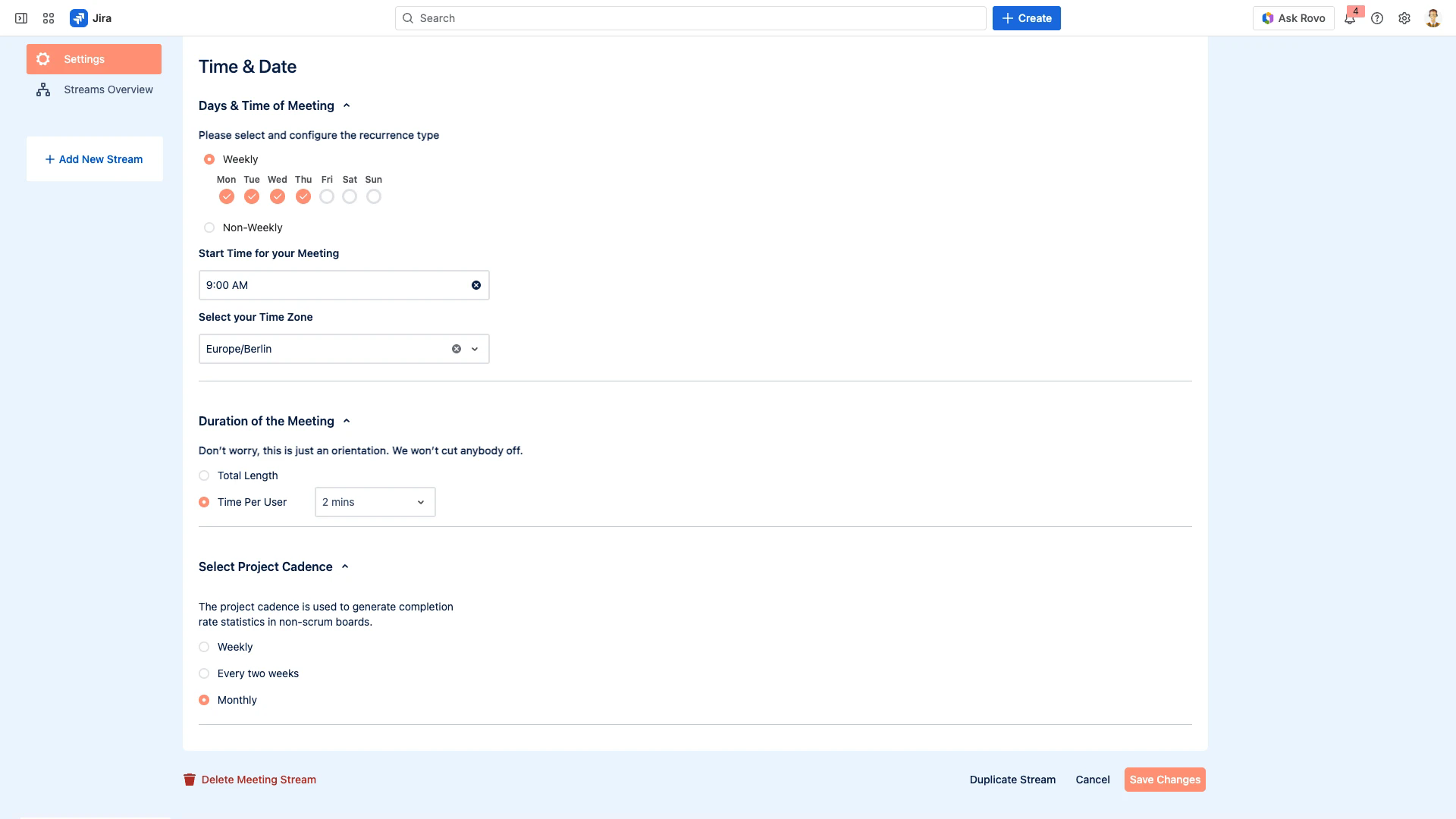 The Time & Date settings tab showing meeting days, start time, timezone, duration mode, and project cadence.