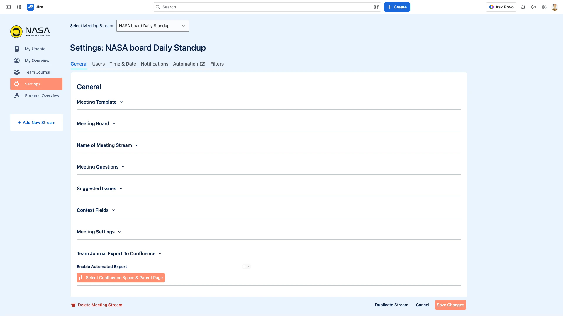 The General settings tab showing the Team Journal Export To Confluence section with an active connection