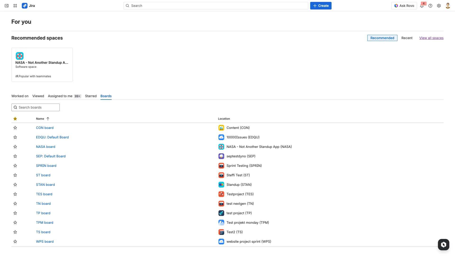 Jira Boards tab listing all available boards