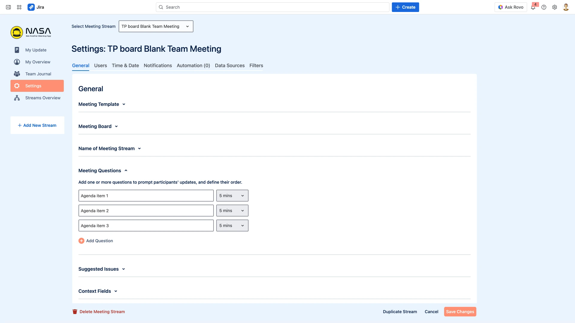 Meeting Questions section showing three agenda items with time limit dropdowns
