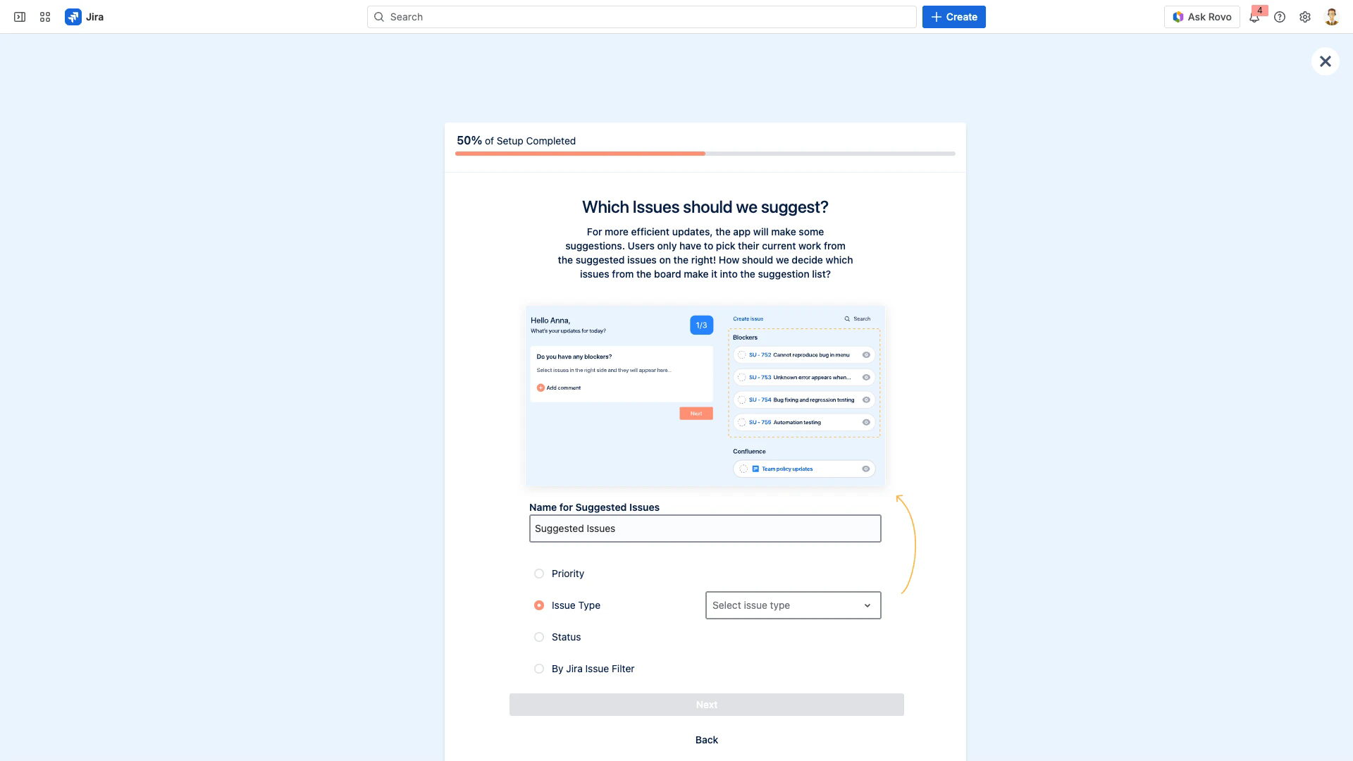 Issue Type filter option selected in the Suggested Issues configuration
