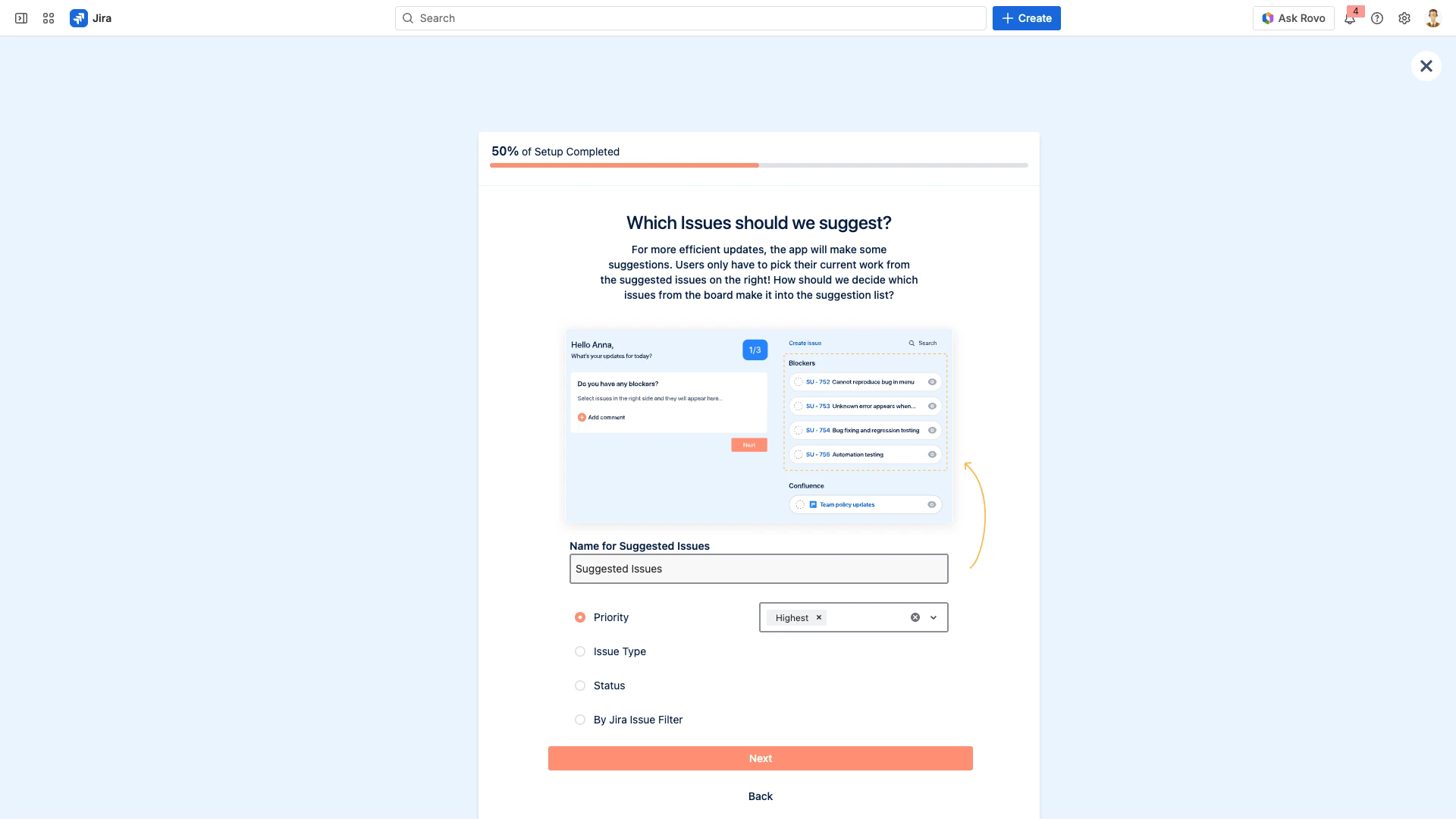 Priority filter option selected in the Suggested Issues configuration with Highest priority chosen
