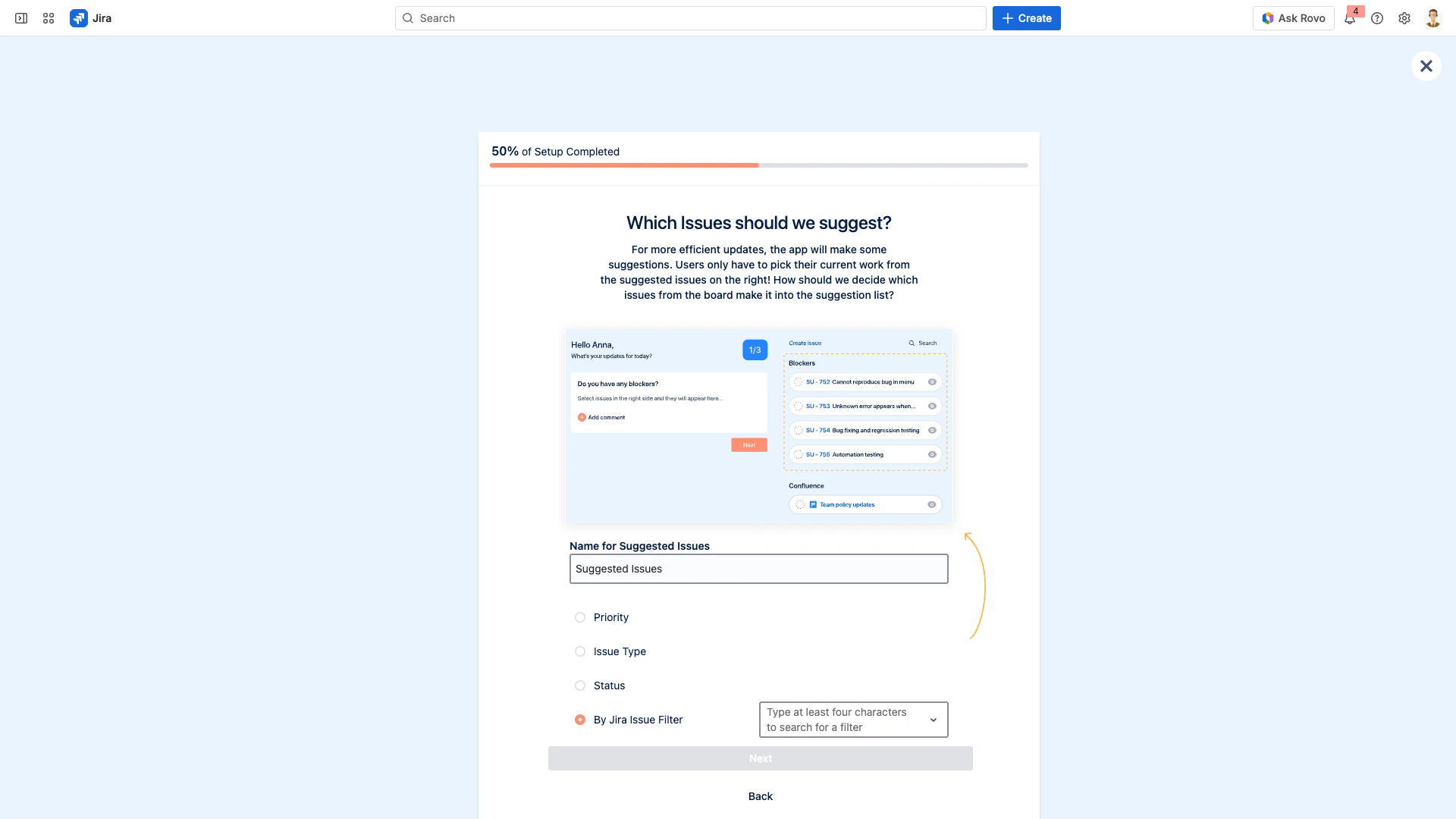 By Jira Issue Filter option selected in the Suggested Issues configuration