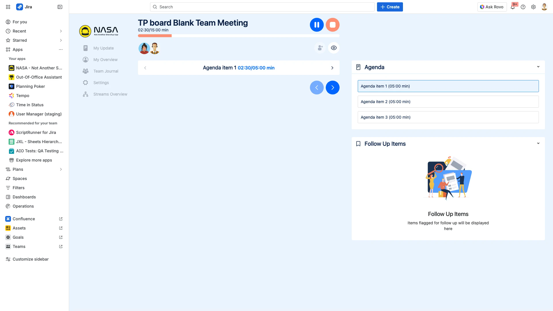 A live standup meeting showing participant updates and timer