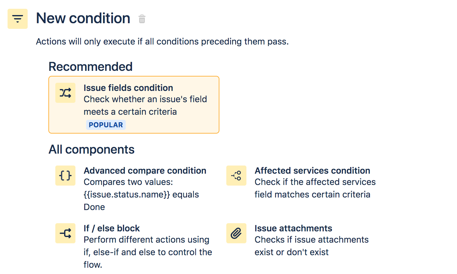 Screen with new automation conditions and the option Issue fields condition is highlighted
