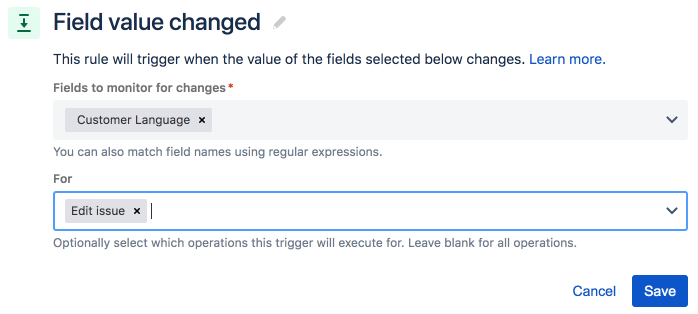 configuration of the field value change when the customer language field is edited