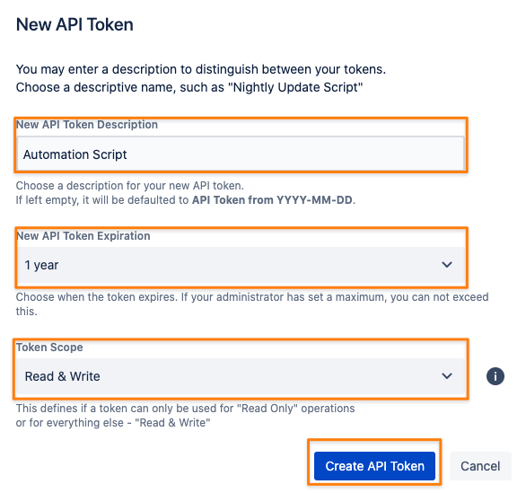 API Token authentication: screen to create a token